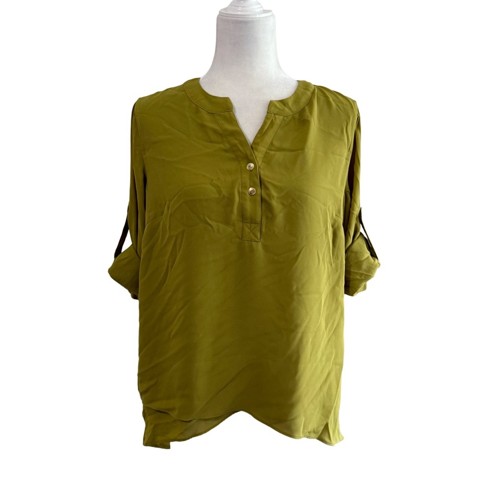 Catherine Catherine Malandrino Olive Popover Blouse | Roll-Tab Sleeves | Size M